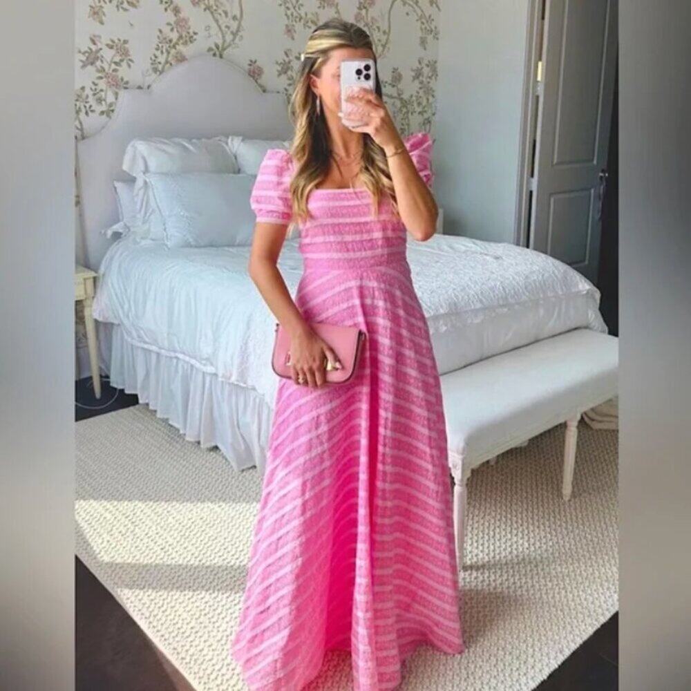 EUC Love Shack Fancy Ryan Striped Maxi Dress in Pink Flamingo L 12